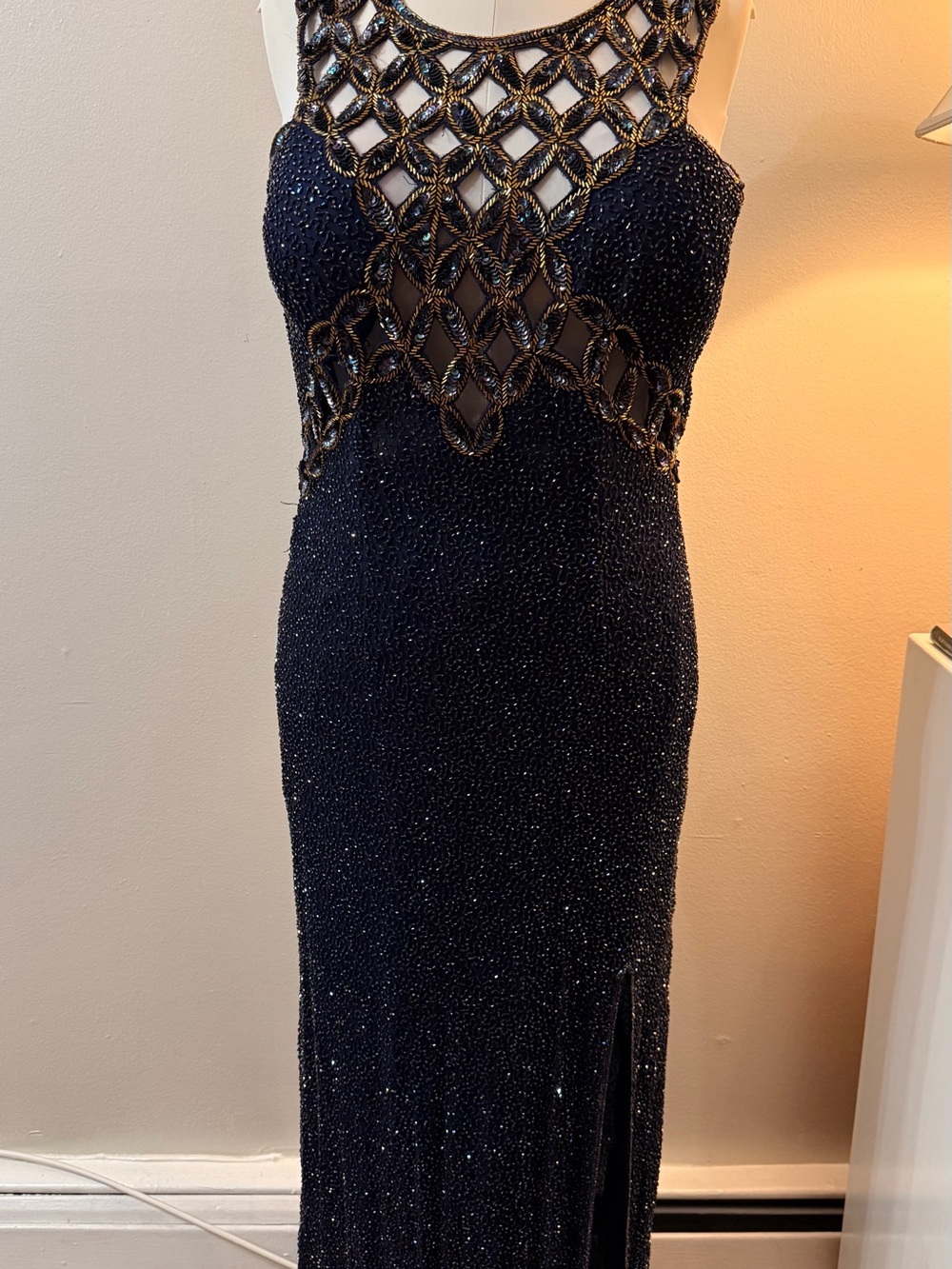 Nique Navy Beaded Prom Dress with Intricate Lattice Bodice 80’s 90’s vintage